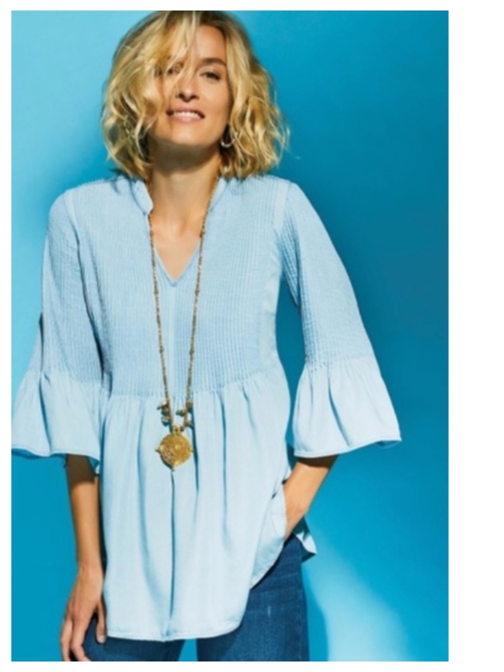 Soft Surroundings Adelaide Sz Medium Top Tunic Shirt Chambray Blue Bell Slv
